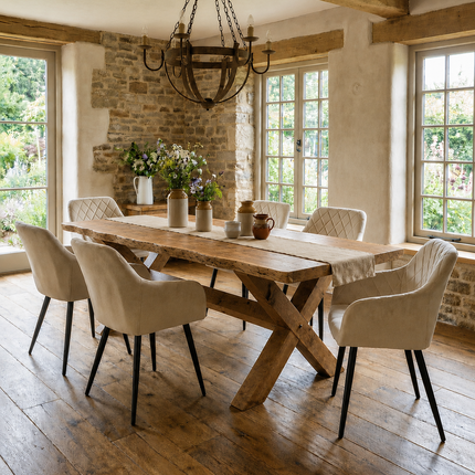 Firsby Live Edge  Dining Table with Chunky Style X with Beam Wooden Base