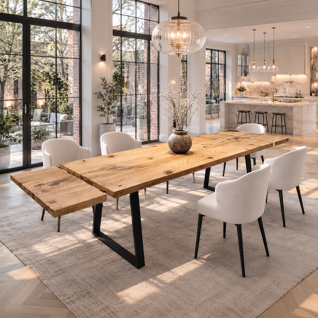 Brigg Dining Table Straight Edge Extendable 2Side Dining Table Kitchen Industrial Rustic Wood, TRAPEZIUM Steel Legs