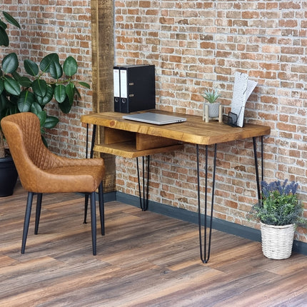 Firsby Live Edge Desk with Shelf Industrial Metal Legs 40mm Thick Rustic Wood