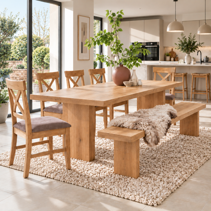 Brigg Solid Oak Straight Edge Dining Set – Table, Bench & 5 Alex Velvet Grey Oak Chairs