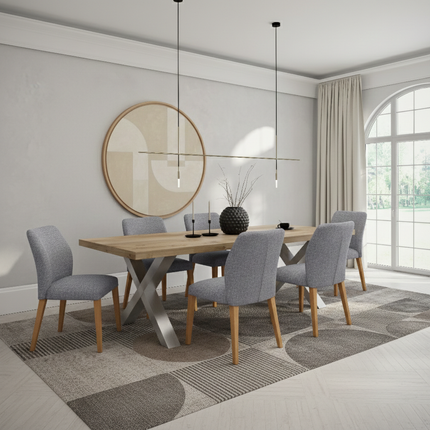 Funley Solid Oak Dining Table Chunky XF Brushed Stainless Steel Legs