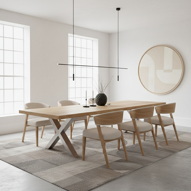 Funley Solid Oak Dining Table Chunky XF Brushed Stainless Steel Legs