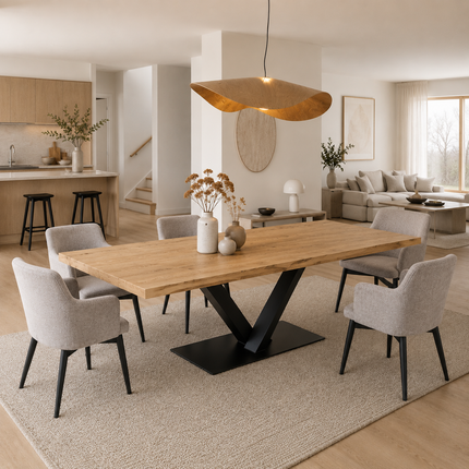 Brigg Straight Edge Dining Table Rustic Solid Wood  V Steel Base