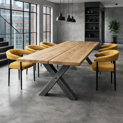 Birthope Solid Oak Dining Table Steel Legs Chunky XF with Steel Bar