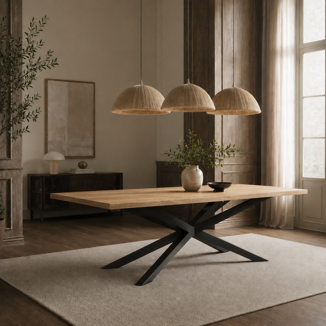 Ailby Oak Modern Dining Table Straight Edge with Spider Stel Base 280 x 90cm (10 seater)