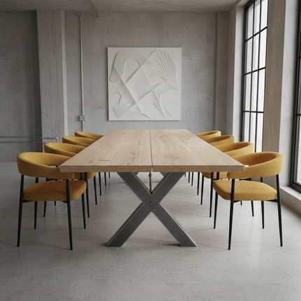 Birthope Solid Oak Dining Table Steel Legs Chunky XF with Steel Bar