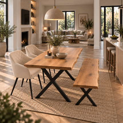 Firsby Solid Oak Live Edge Dining Set – Table, Bench & 2 Moor Velvet Beige Chairs | XF Steel Legs