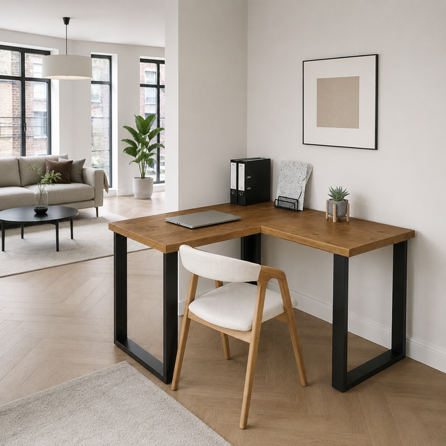Brigg L-Shape Desk with Industrial Legs and Rustic Wood