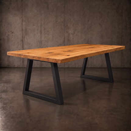 Moffat Solid Oak Dining Table Chunky Trapezium  Steel Leg