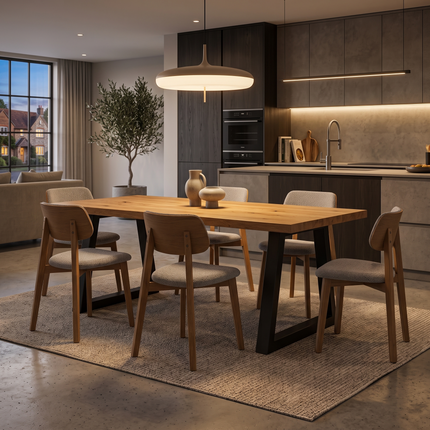 Moffat Solid Oak Dining Table Chunky Trapezium  Steel Leg