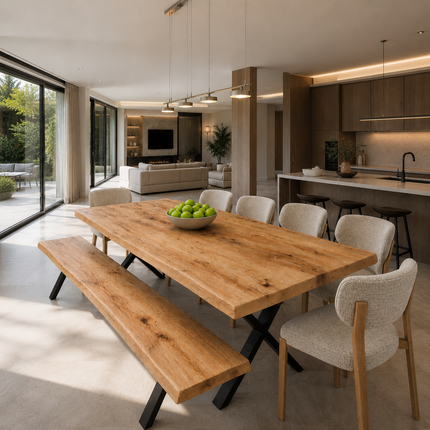 Glen Solid Oak SET Table/Bench/6 Chairs -  Live Edge Oak Dining Table/ Live Edge Oak Dining Bench/Chairs Selby
