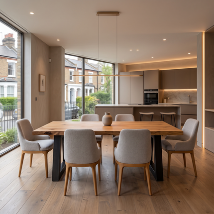 Moffat Solid Oak Dining Table Chunky Trapezium  Steel Leg