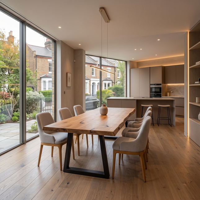 Moffat Solid Oak Dining Table Chunky Trapezium  Steel Leg