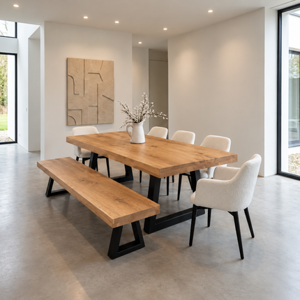 Chloe Solid Oak Dining Set – Table, Bench & 5 Chairs | Trapezium Steel Legs