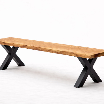 Firsby Live Edge Solid Oak Dining Bench X Frame Black Steel Leg