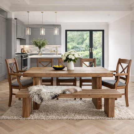 GRANTHAM SET Table/Bench/5Chairs -  Grantham Rustic Dining Table/ Grantham Bench/ Wooden Chairs
