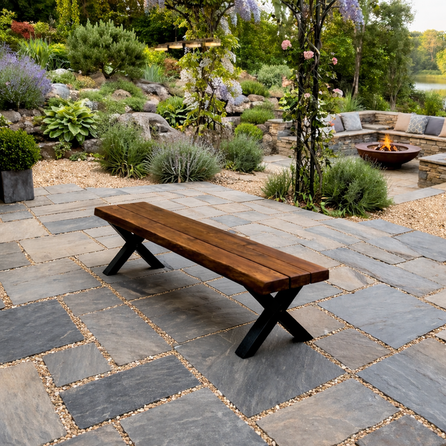 Firsby Outdoor Live Edge Dining Bench Steel XF Legs