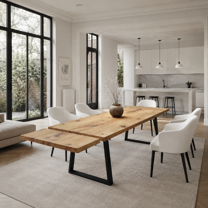 Brigg Dining Table Straight Edge Extendable 2Side Dining Table Kitchen Industrial Rustic Wood, TRAPEZIUM Steel Legs