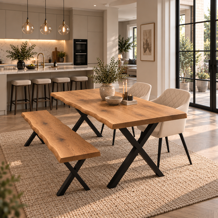Firsby Solid Oak Live Edge Dining Set – Table, Bench & 2 Moor Velvet Beige Chairs | XF Steel Legs