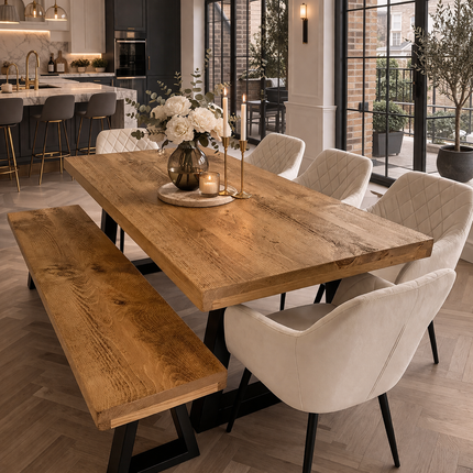 SET Table/Bench/5 Chairs - Industrial Dining Table Grantham Dining TRAPEZIUM Legs