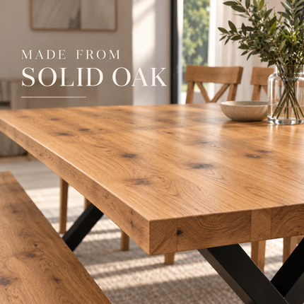 Slea Solid Oak Live Edge Dining Set – Table, Bench & 6 Alex Chairs with XF Steel Legs