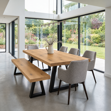 Grantham Solid Oak Dining Set – Table, Bench & 5 Rene Chairs | Trapezium Steel Legs