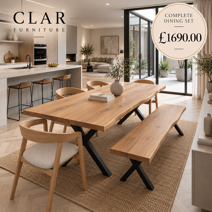 Firsby Solid Oak Live Edge Dining Set – Table, Bench & 4 Aby Velvet Beige Chairs | XF Steel Legs