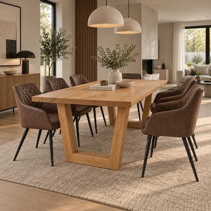 Ranby Solid Oak Straight Edge Dining Table Set with 6 Eske Brown Chairs & V Frame Wooden Legs