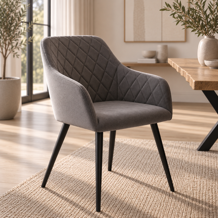 Firsby Solid Oak Live Edge Dining Set – Table, Bench & 2 Moor Velvet Grey Chairs | XF Steel Legs