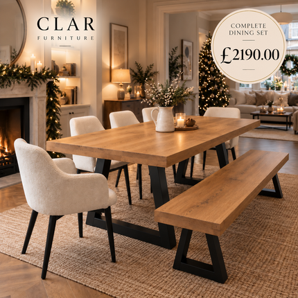 Chloe Solid Oak Dining Set – Table, Bench & 5 Chairs | Trapezium Steel Legs