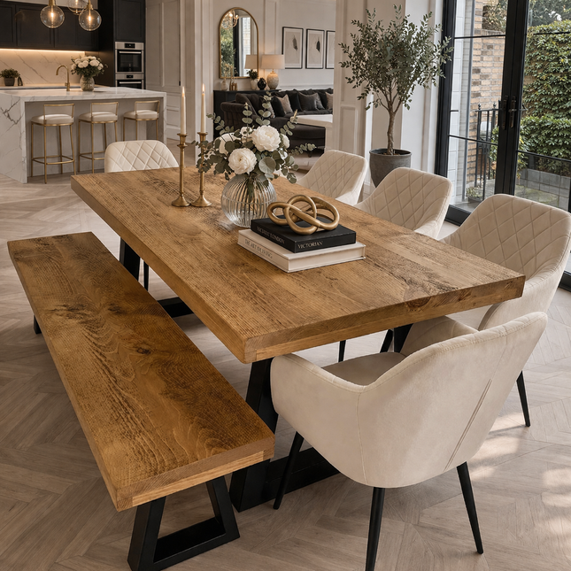SET Table/Bench/5 Chairs - Industrial Dining Table Grantham Dining TRAPEZIUM Legs