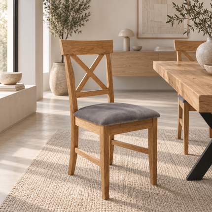 Brigg Solid Oak Straight Edge Dining Set – Table, Bench & 5 Alex Velvet Grey Oak Chairs