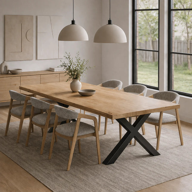 Somerby Solid Oak Dining Table Straight Edge with Chunky X Frame Steel Leg 160 x 90 cm (6 seater)