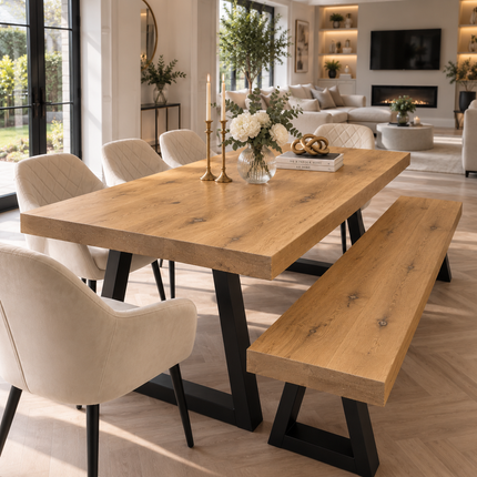 Grantham Solid Oak Dining Table Set with Bench & 5 Moor Beige Chairs – Trapezium Steel Legs