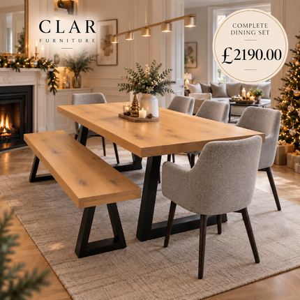 Grantham Solid Oak Dining Set – Table, Bench & 5 Rene Chairs | Trapezium Steel Legs