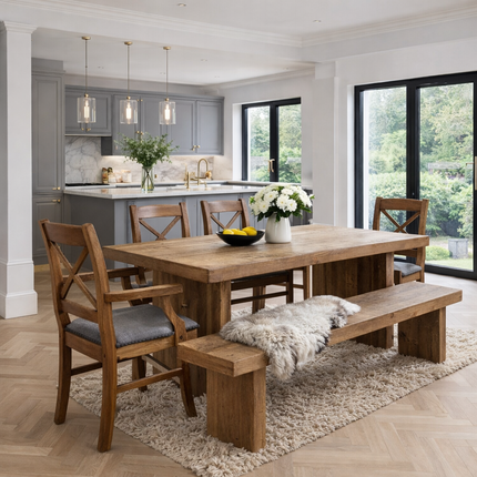 SET Grantham Industrial Thick Dining Table Wooden Legs - Table/Bench/5 Chairs