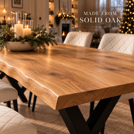 Firsby Solid Oak Live Edge Dining Set – Table, Bench & 6 Moor Beige Chairs with X-Frame Steel Legs