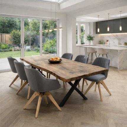 FIRSBY SET Table/6 Chairs -  Live Edge Rustic Dining Table/ Chairs Etton