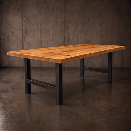 Dalham Solid Oak Dining Table Chunky H Frame Steel Leg