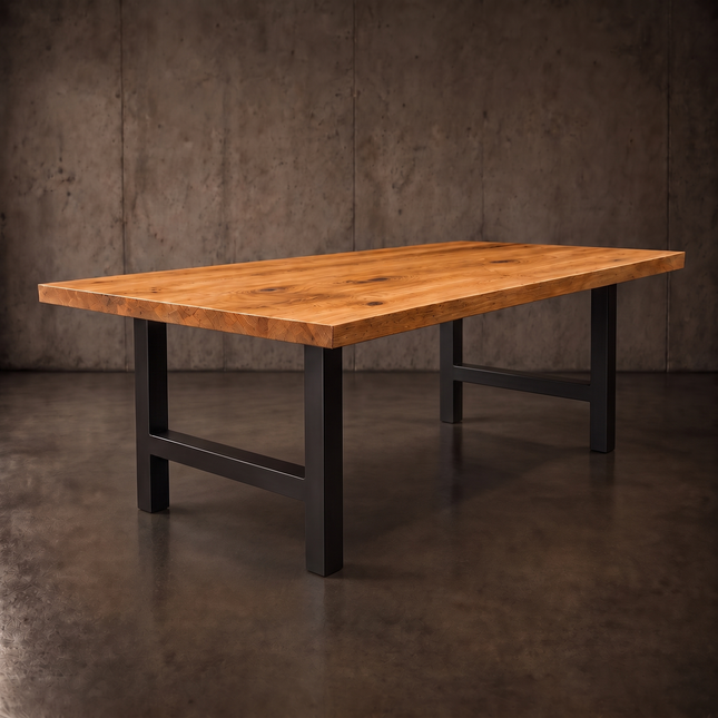 Dalham Solid Oak Dining Table Chunky H Frame Steel Leg