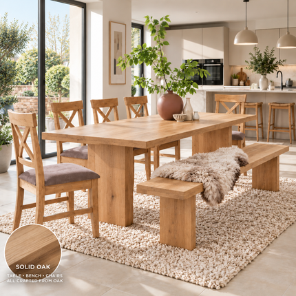 Brigg Solid Oak Straight Edge Dining Set – Table, Bench & 5 Alex Velvet Grey Oak Chairs