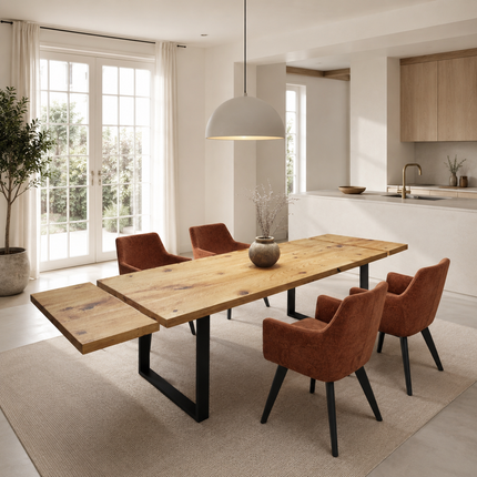 Brigg Straight Edge Rustic Extendable 2 Sides Dining Table  Steel Square Frame Legs