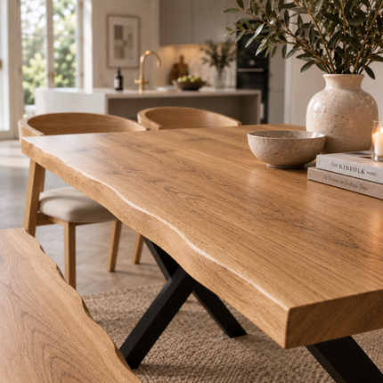Firsby Solid Oak Live Edge Dining Set – Table, Bench & 2 Aby Beige Velvet Chairs | XF Steel Legs