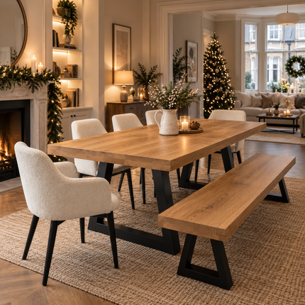 Chloe Solid Oak Dining Set – Table, Bench & 5 Chairs | Trapezium Steel Legs