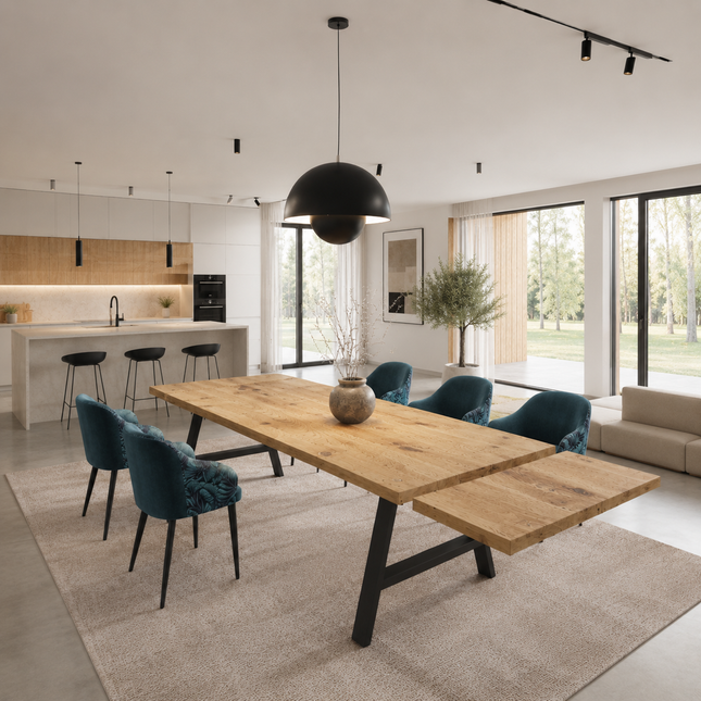 Brigg Dining Table Straight Edge Extendable 2 Sides Dining Table Kitchen Industrial Rustic Wood, AF Steel Legs