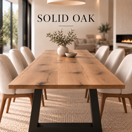 Moffat Solid Oak Live Edge Dining Set – Table & 6 Ava Chairs with Trapezium Steel Legs
