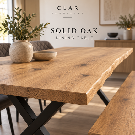 Firsby Solid Oak Live Edge Dining Set – Table, Bench & 2 Moor Velvet Grey Chairs | XF Steel Legs