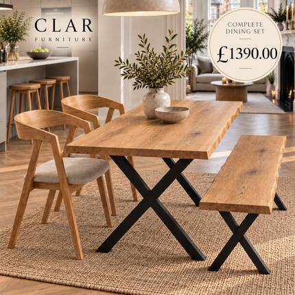 Firsby Solid Oak Live Edge Dining Set – Table, Bench & 2 Aby Beige Velvet Chairs | XF Steel Legs