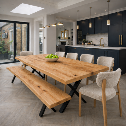 Glen Solid Oak SET Table/Bench/6 Chairs -  Live Edge Oak Dining Table/ Live Edge Oak Dining Bench/Chairs Selby