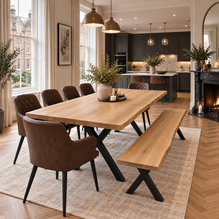 Firsby Solid Oak Live Edge Dining Set – Table, Bench & 6 Eske Brown Chairs with X-Frame Steel Legs
